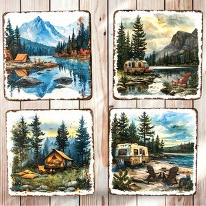 Handmade Rustic Camping Scene Square Wood Coasters Set of 4